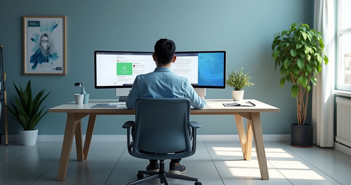 Corretor atendendo clientes em diferentes canais digitais simultaneamente, com gráficos integrados em telas digitais 