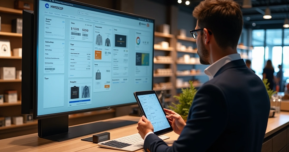 Sistema mostrando estoque unificado de loja física e e-commerce em display moderno 