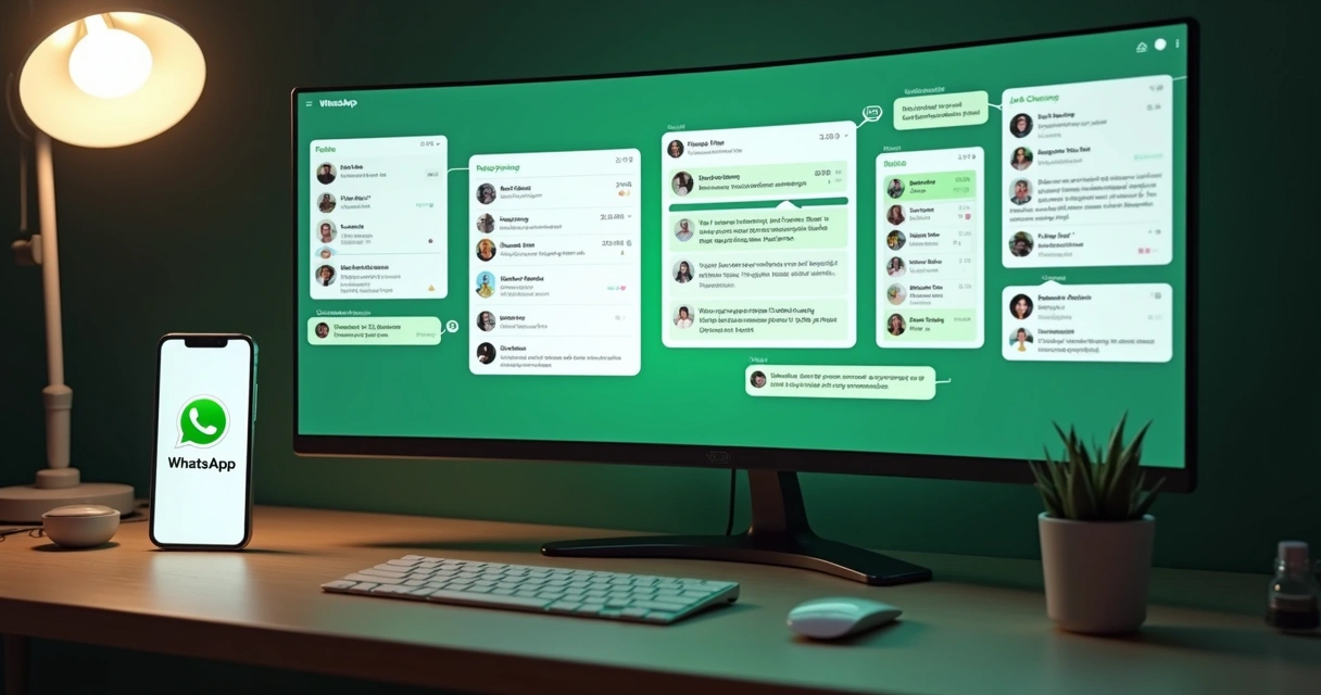 Interface realista de computador exibindo múltiplas janelas de WhatsApp integradas em um único painel central 