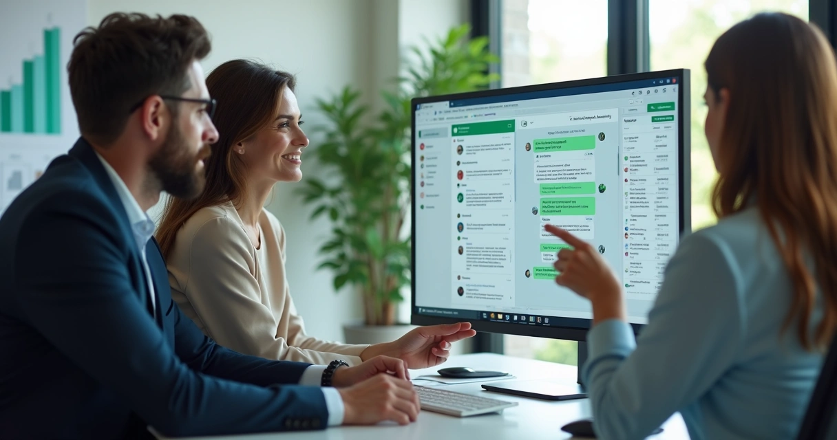 Tela de computador mostrando interface integrada de WhatsApp e Instagram para vendas B2B, equipe comercial colaborando ao redor, gráficos de progresso ao fundo