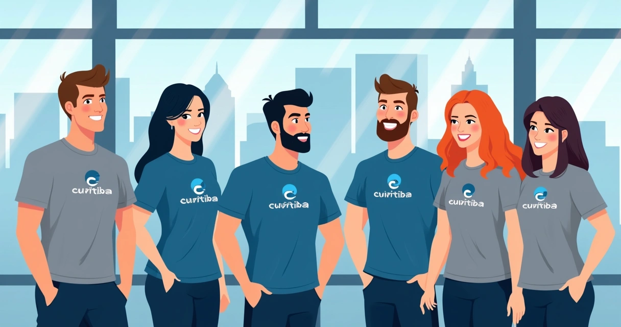 Funcionários de empresa em Curitiba usando camisetas corporativas 