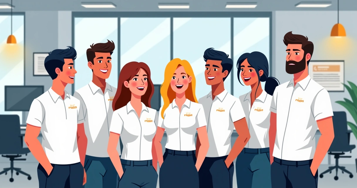 Equipe de colaboradores alinhada usando uniforme corporativo personalizado, ambiente de escritório moderno com elementos de branding 