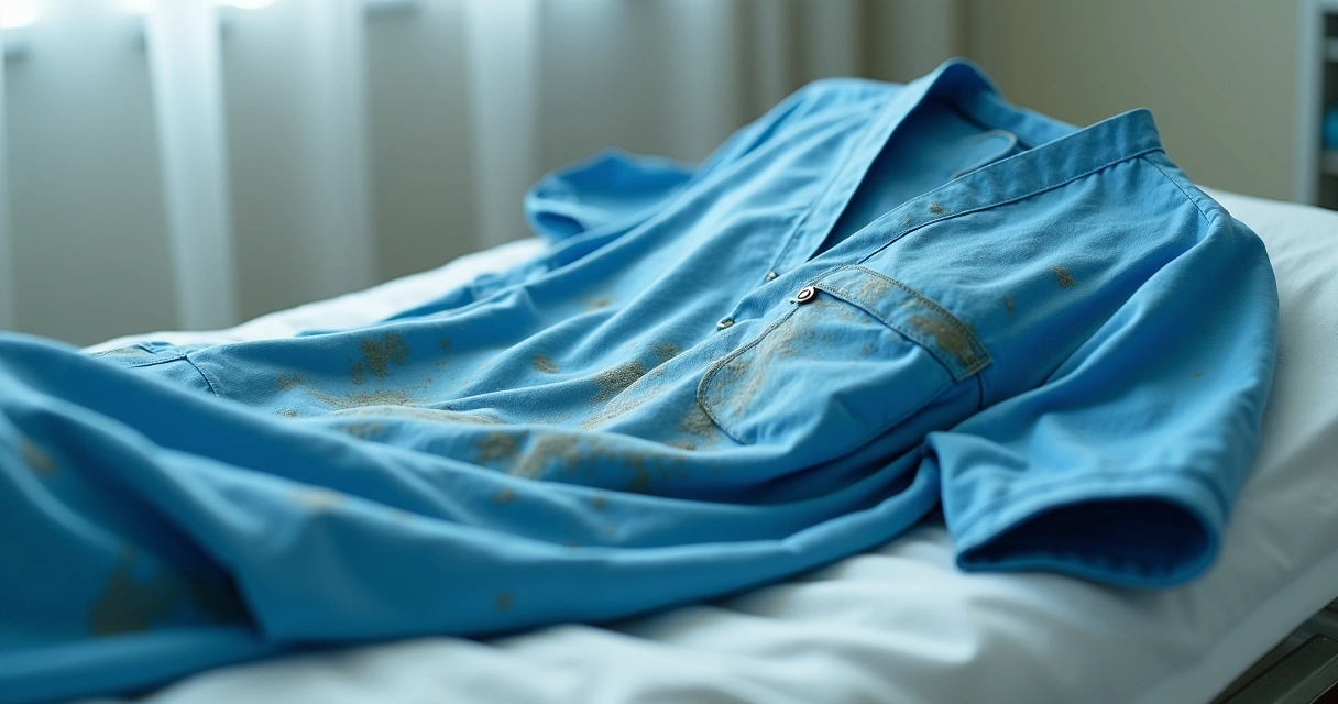 Uniforme hospitalar com manchas e desbotamento. 