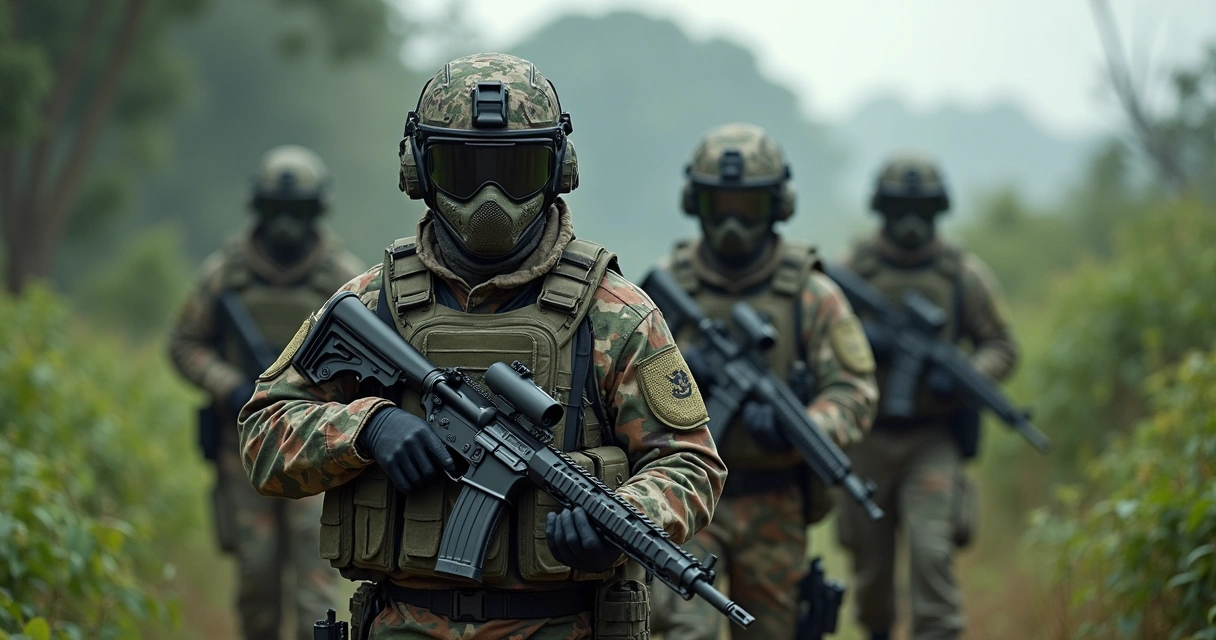 Time de airsoft usando uniforme militar camuflado 