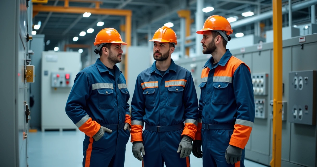 Uniformes de eletricistas em ambiente industrial 