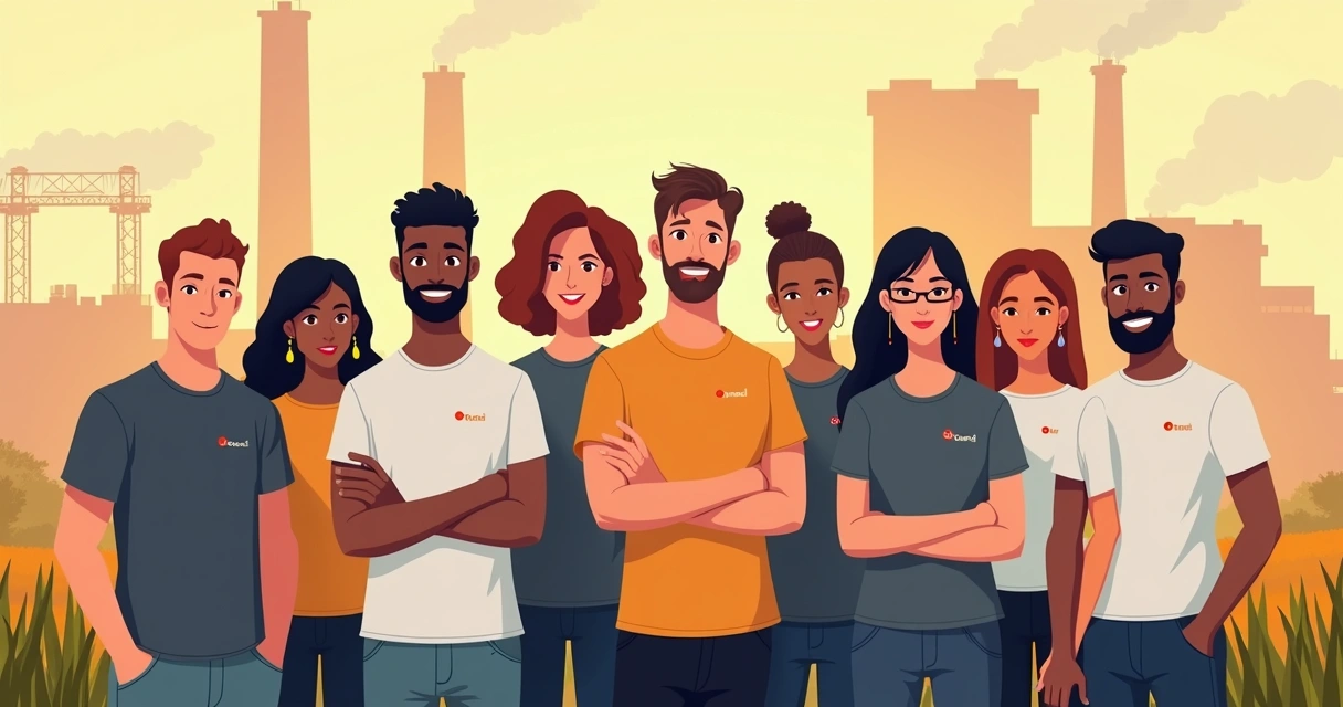 Equipe diversificada usando camisetas de uniforme em frente a fábrica em Piracicaba 