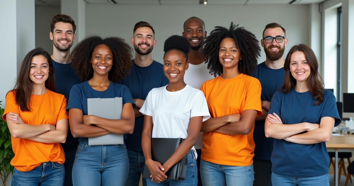 Equipe de trabalho usando uniformes personalizados, posando em ambiente corporativo, todos sorrindo e exibindo diferentes modelos de camisetas. 