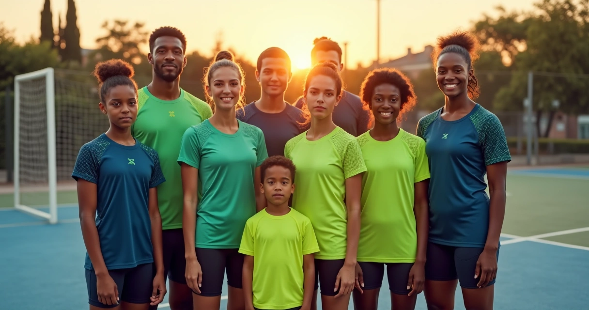 Equipe diversa com uniformes esportivos personalizados posando em quadra ao ar livre 