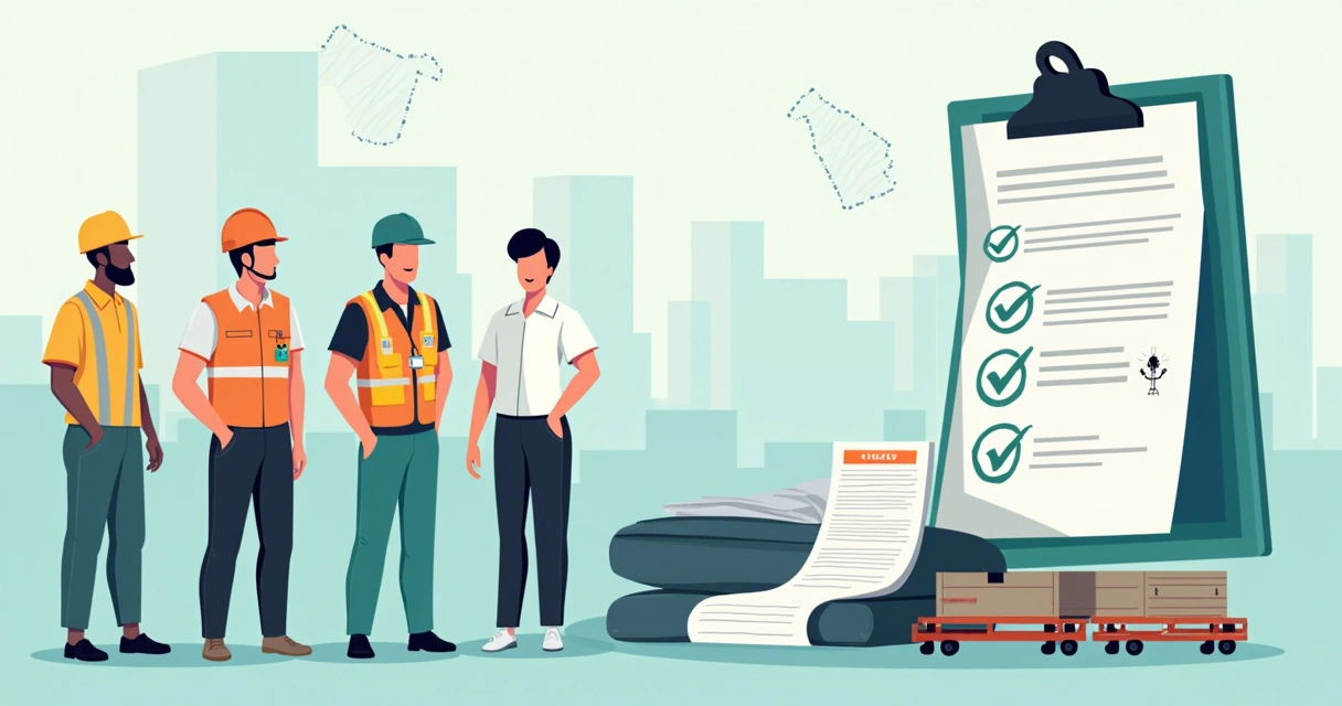 Trabajadores con distintos uniformes laborales junto a documentos y checklist legales 