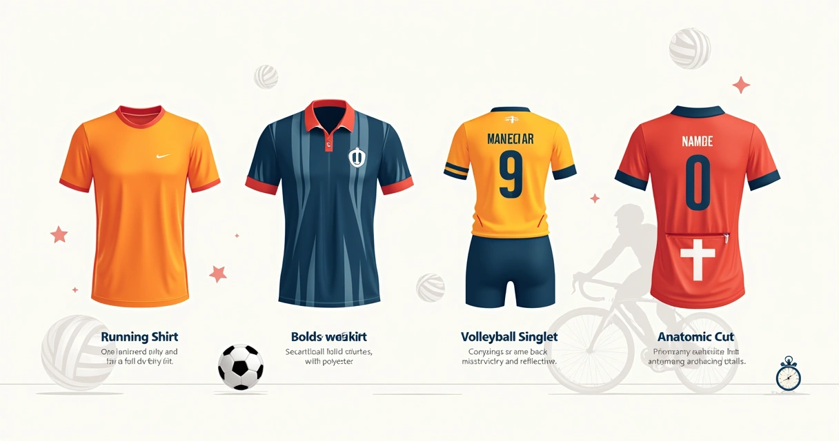 Modelo de uniformes para diferentes esportes, detalhando cortes e tecidos