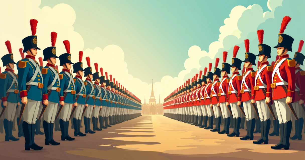 Soldados de Napoleão em uniformes distintos, em formação 