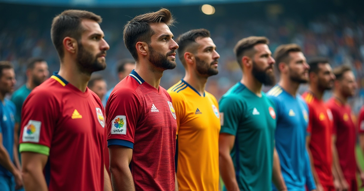 Uniformes de jogadores de diferentes seleções exibindo logos de patrocinadores. 