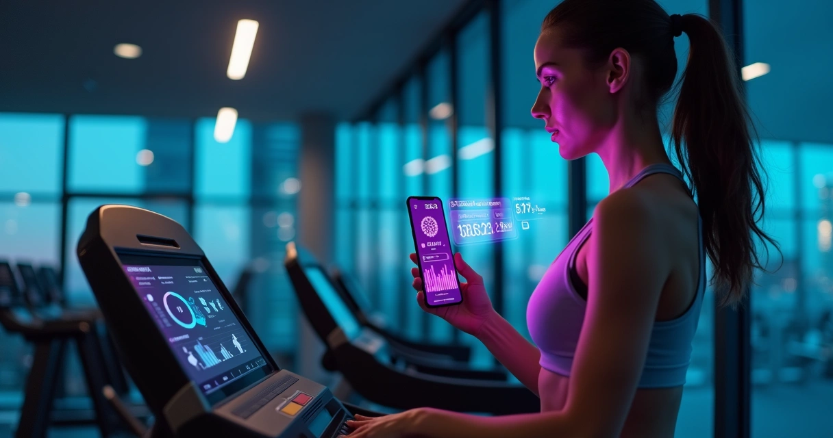 Mulher em esteira elétrica olhando para treinos personalizados em aplicativo de musculação no celular 