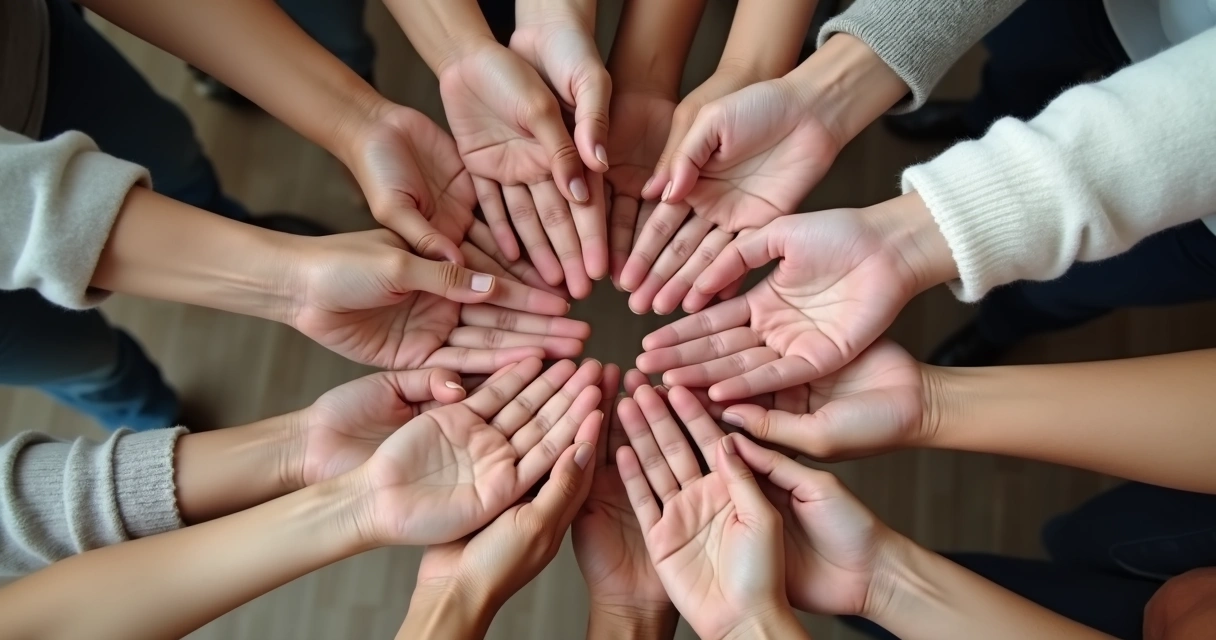 Manos de varias personas unidas en círculo 