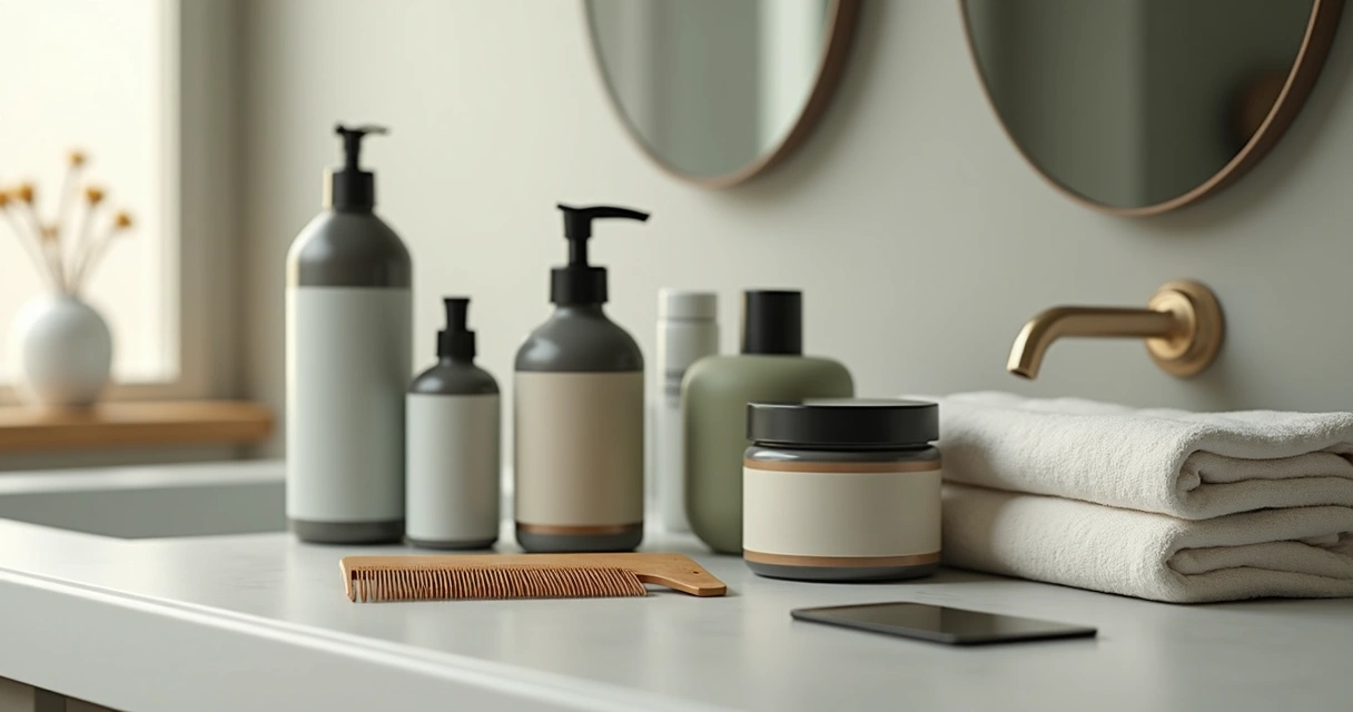 Neutral grooming products on a bathroom counter 