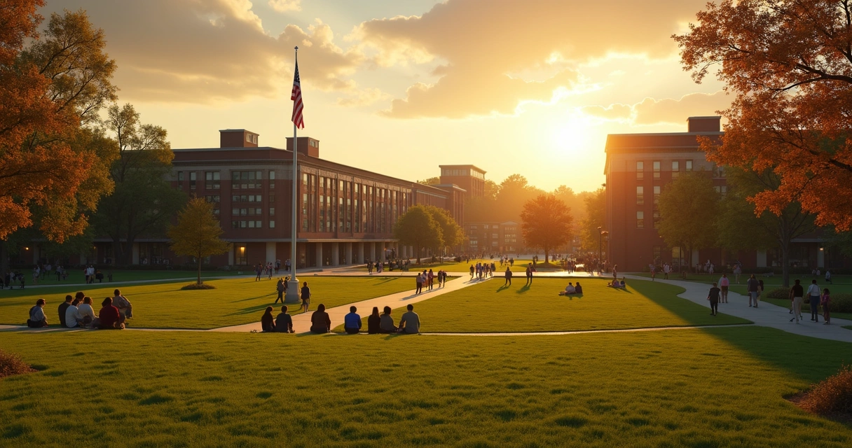 Campus de uma universidade americana visto ao entardecer, com alunos caminhando 