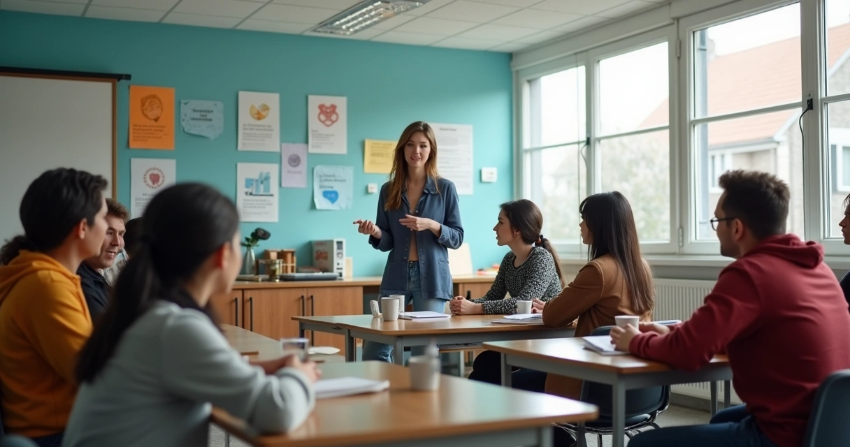 Faculdade com alunos participando de aula voltada ao desenvolvimento humano