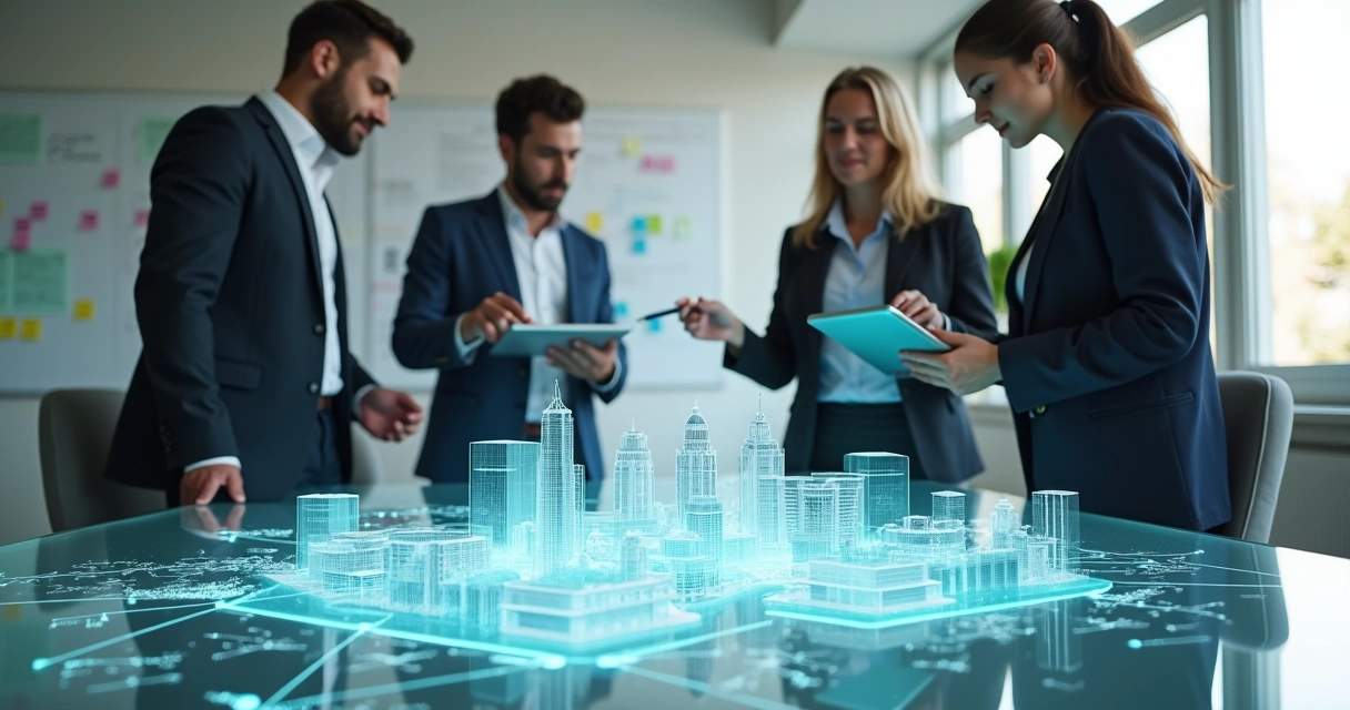 Equipe observa maquete digital de universidade corporativa em grande mesa interativa 