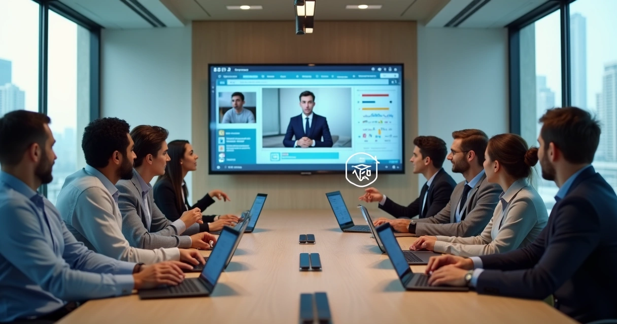 Equipe corporativa assistindo treinamento online em grande tela em sala moderna 