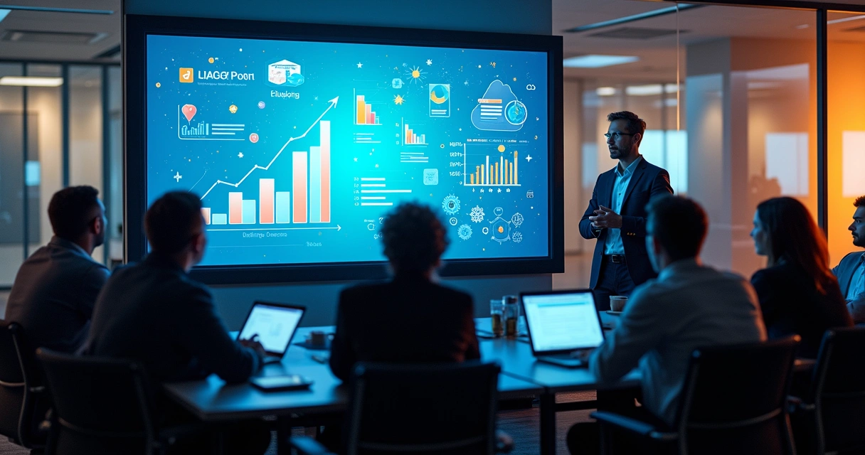 Grupo de profissionais em sala moderna assistindo apresentação digital sobre treinamento empresarial. 
