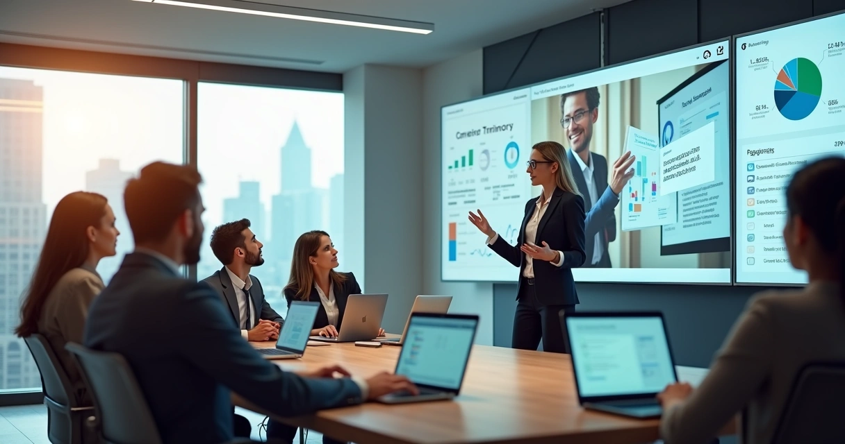 Equipe em treinamento online em ambiente corporativo moderno 