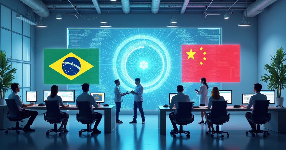 Pesquisadores brasileiros e chineses trabalhando juntos em laboratório de IA 