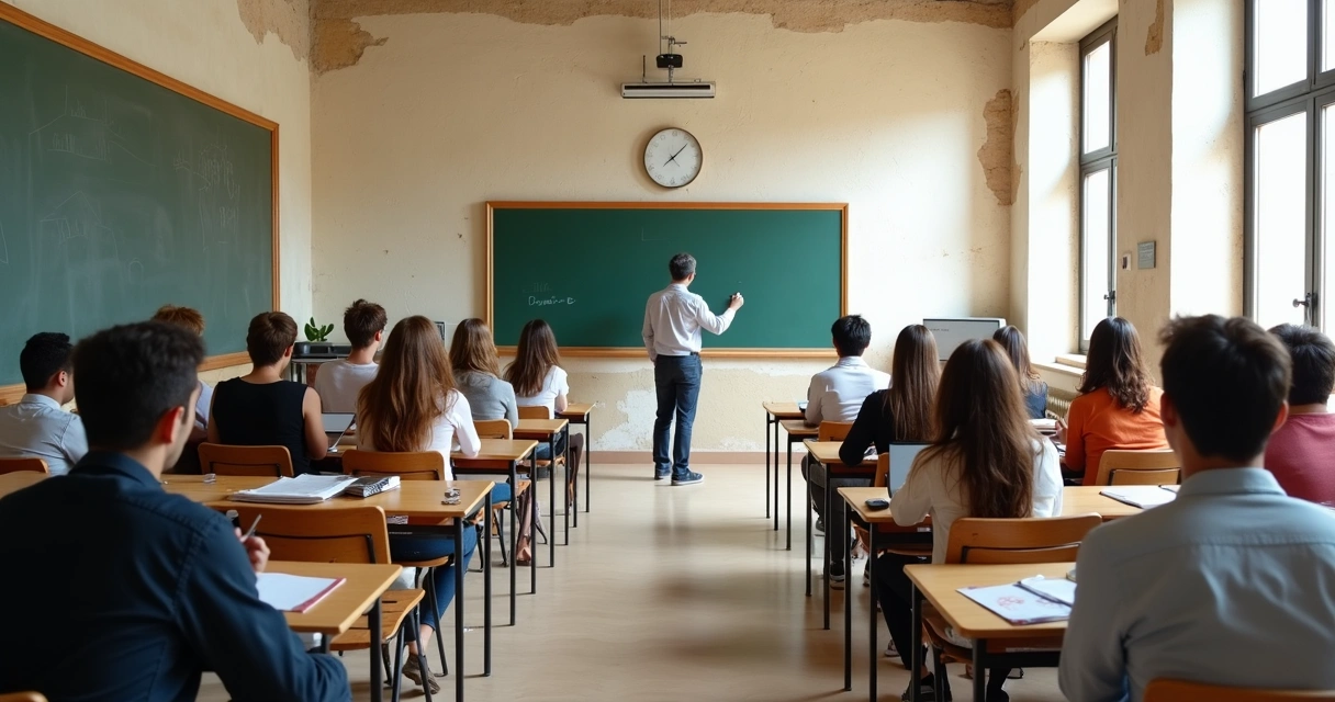 Sala de aula universitária na Itália com estudantes internacionais. 