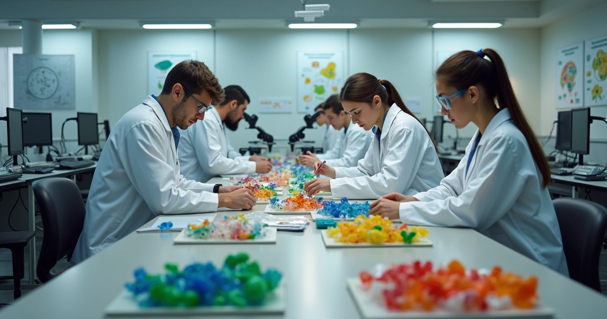 Laboratório universitário com estudantes trabalhando em pesquisas sobre reciclagem