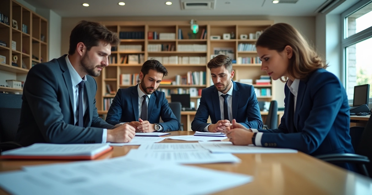 Equipe de profissionais analisando documentos acadêmicos 
