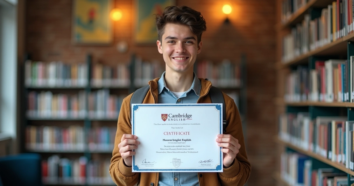 Estudante universitário exibindo certificado Cambridge 
