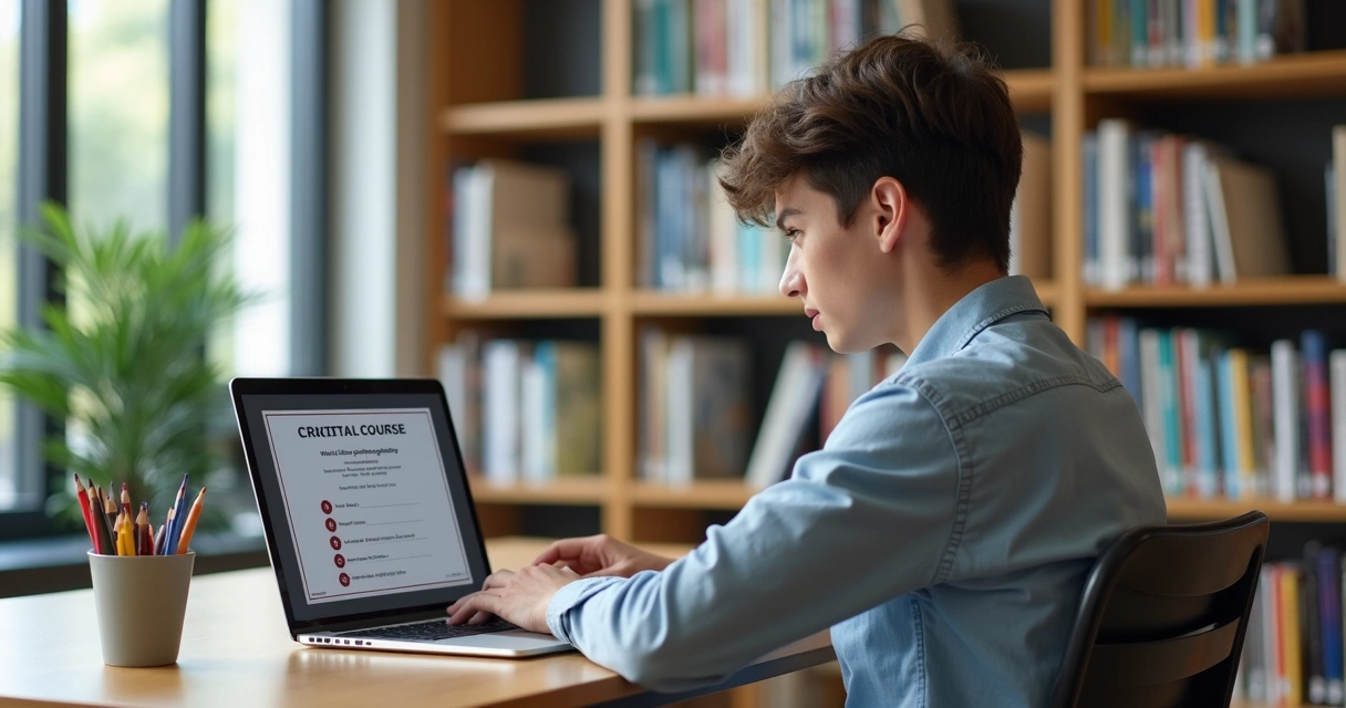 Jovem universitário estudando online em notebook com certificado digital na tela 
