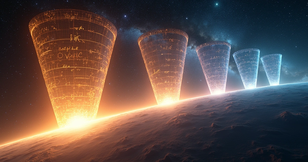 Ilustração realista de universo cíclico com múltiplos cones de luz interligados no espaço 