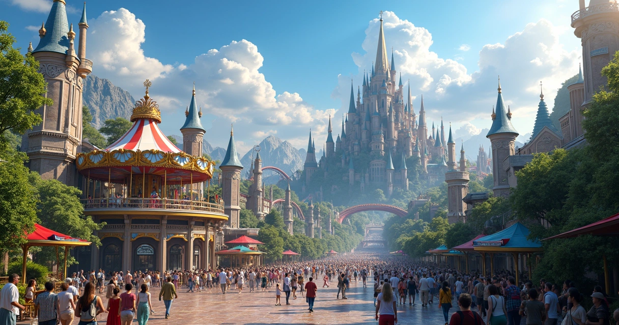Vista panorâmica ultra-detalhada do Universal Epic Universe mostrando as cinco áreas temáticas conectadas pelo parque, com montanhas-russas, carrossel celeste, edifícios imersivos, vegetação e multidã