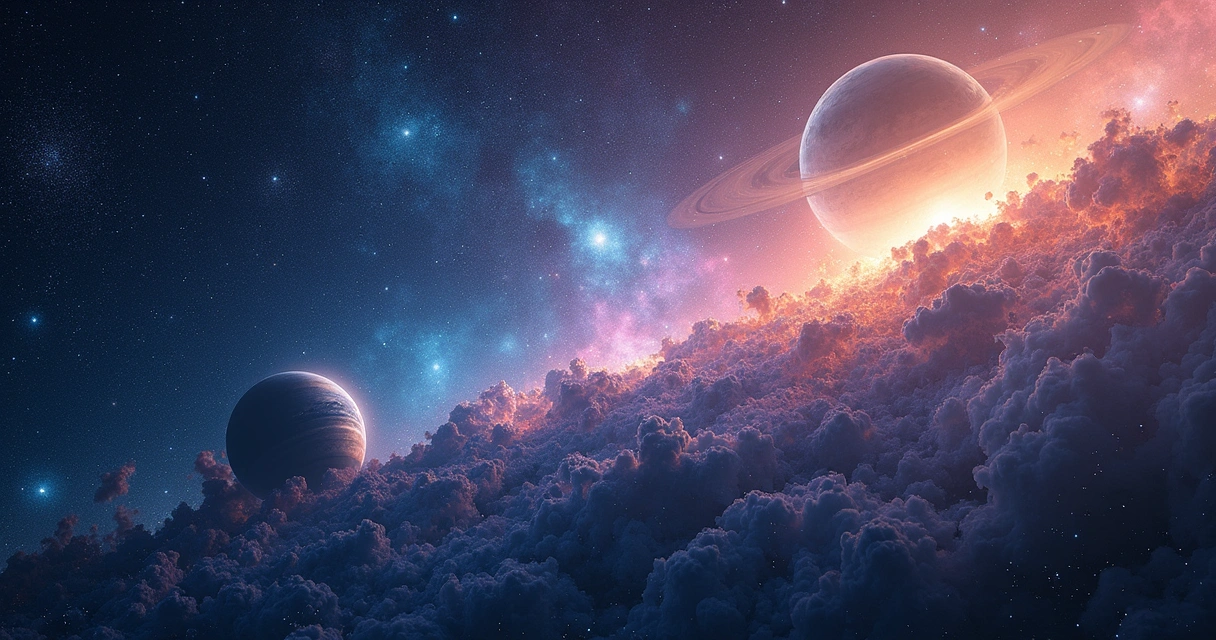 Imagem realista de estrelas e planetas no espaço com cores vibrantes