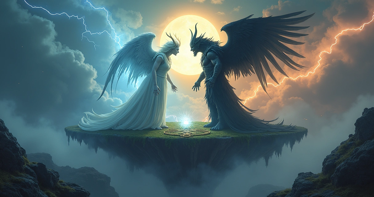Anjo e demônio enfrentando-se em universo mágico 