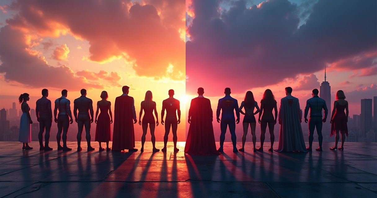 Panorámica de superhéroes en una ciudad al atardecer, con trajes coloridos y oscuros juntos en contraste. 