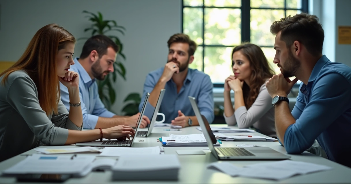 Team around a table, appearing disengaged during a meeting 