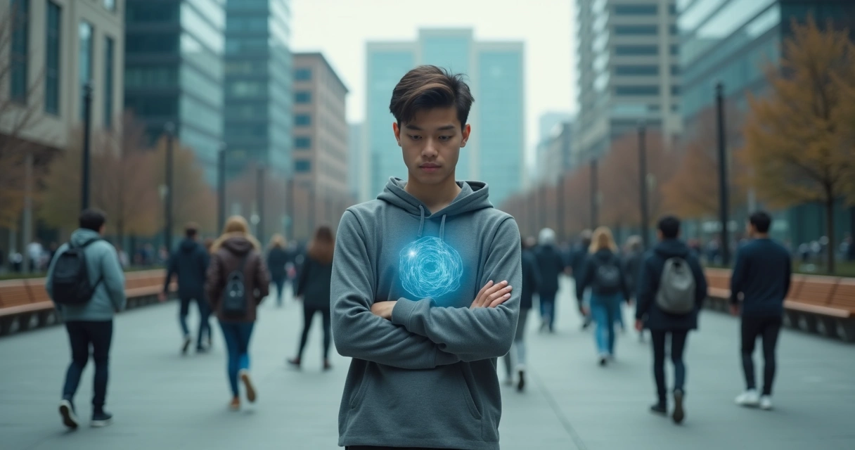 Person in crowd with faint emotional ripples spreading outward 