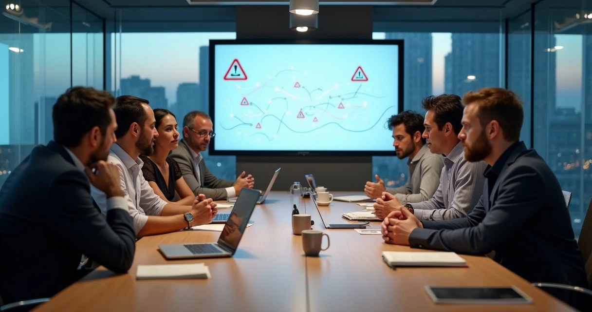 Business team in a meeting room divided by an invisible emotional barrier 