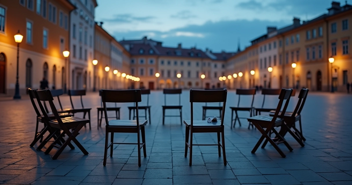 Empty chairs in quiet city square at dusk suggesting shared unresolved grief 