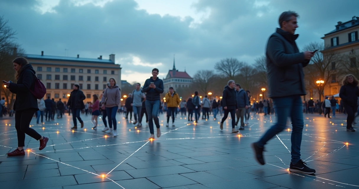 People walking across plaza connected by faint glowing threads 