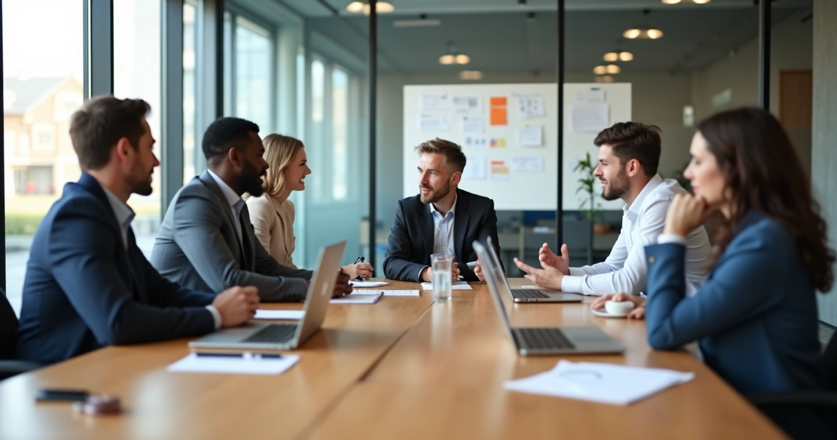 Office team in meeting with one colleague slightly apart showing unspoken tension 