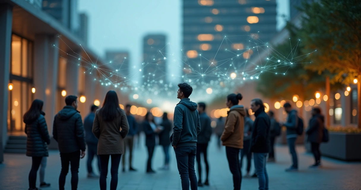 People connected by subtle lines in a social network with one person noticing hidden patterns 