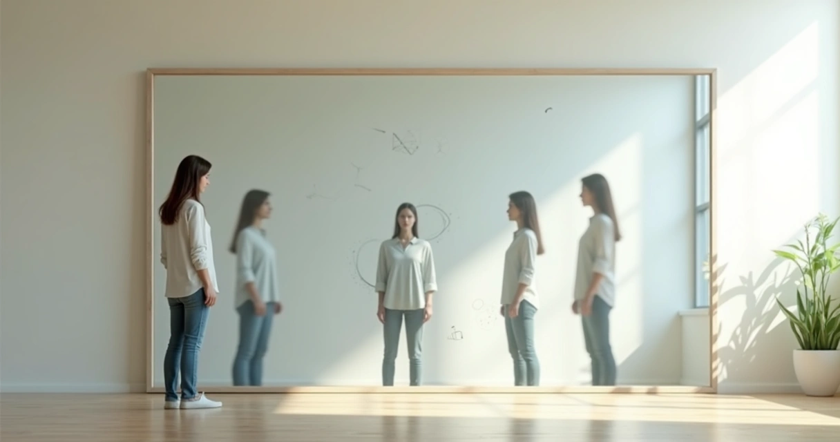 Person facing a mirror with multiple evolving reflections symbolizing self-image transformation 