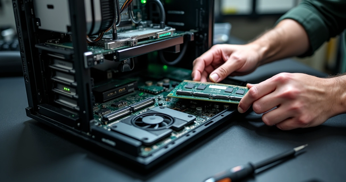 Técnico instalando memória e SSD em computador aberto 