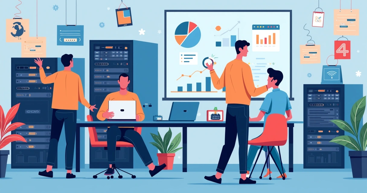 Equipe de TI ajustando servidores e rede para expansão da empresa