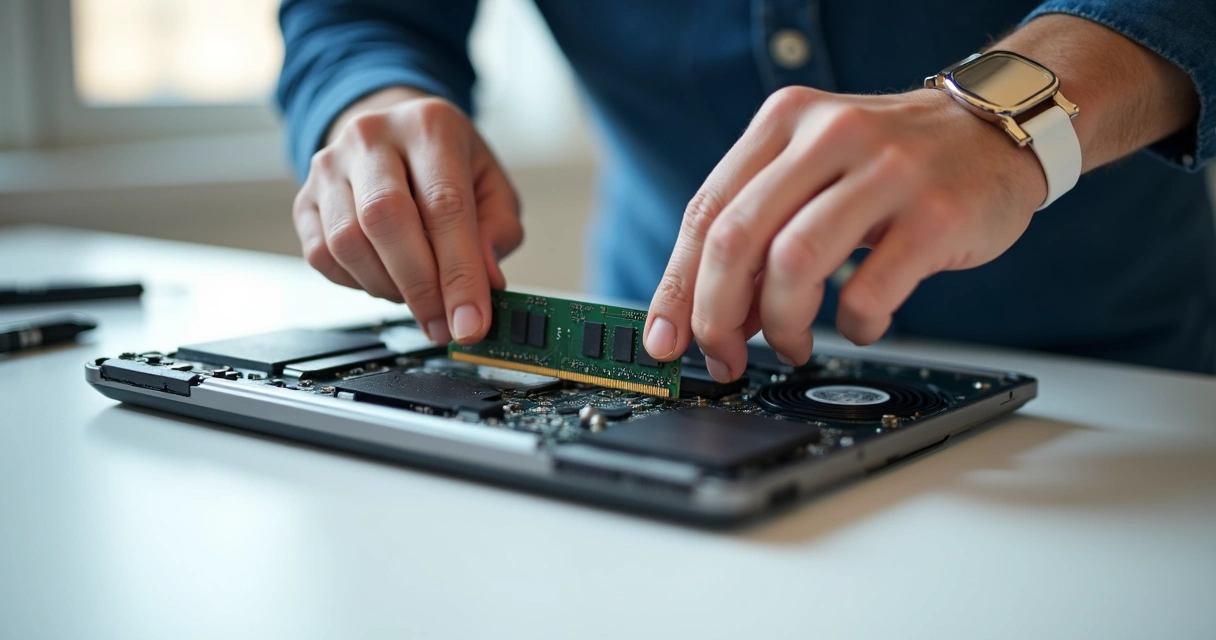 Troca de memória RAM em notebook aberta, mãos instalando módulo 