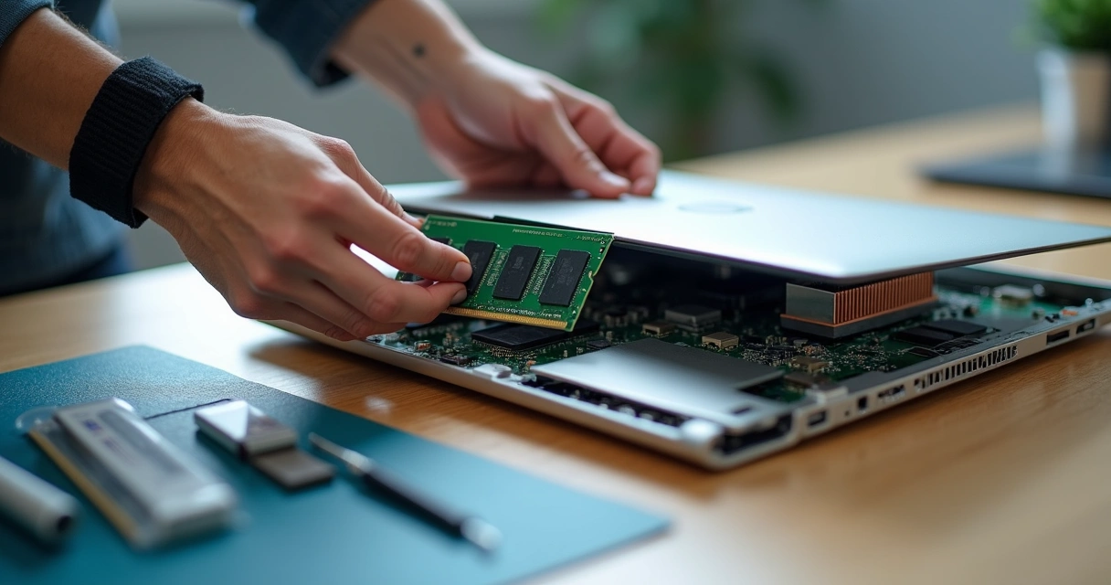Técnico encaixando memória RAM verde em notebook aberto sobre mesa organizada 