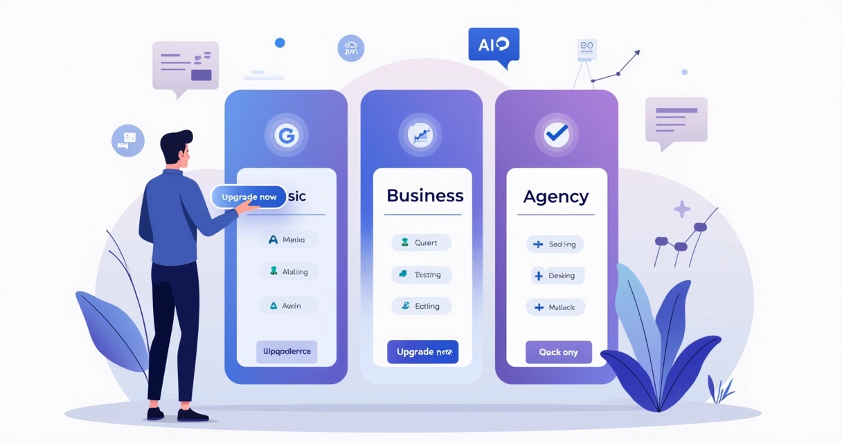 Ilustração de profissional escolhendo upgrade de plano em painel com níveis e benefícios 