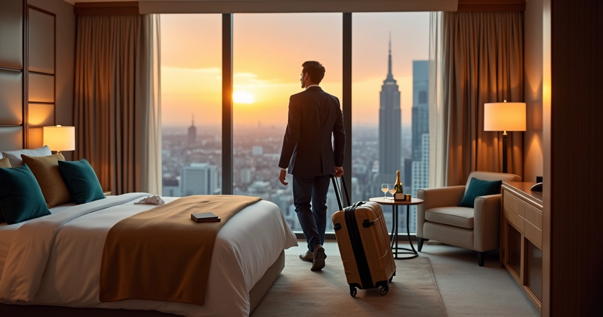 Hóspede entrando em quarto de hotel de luxo com vista para a cidade 